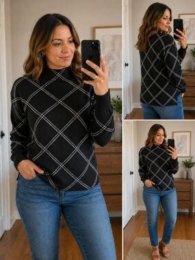 Tahari Black Turtleneck Sweater with White Windowpane Size L/M